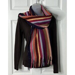 Knit Sweater Scarf with Fringe - Multicolored Striped Design - Metallic Accents